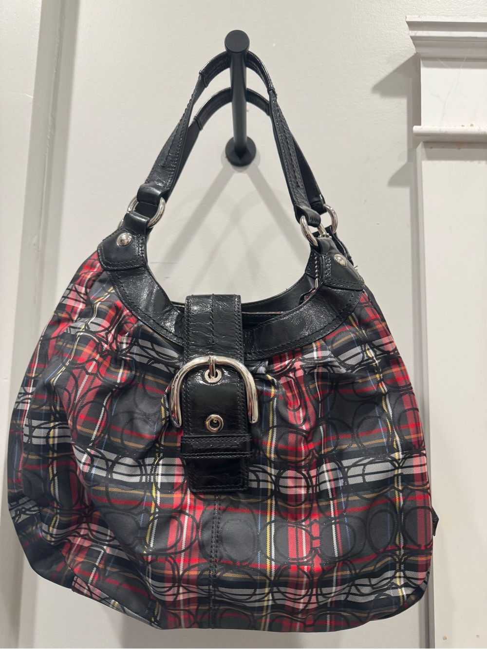 Coach Plaid Hobo Shoulder Bag with Black Leather Trim